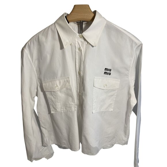 Miu Miu Womens White Button-Up Cropped Shirt With Embroidered Logo & Front Pocke - Picture 1 of 16